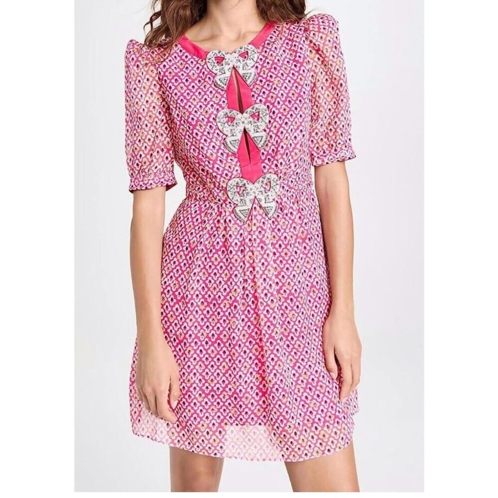 SALONI Jamie Pink Silk Patterned Mini Dress with Jewel Bow Accents